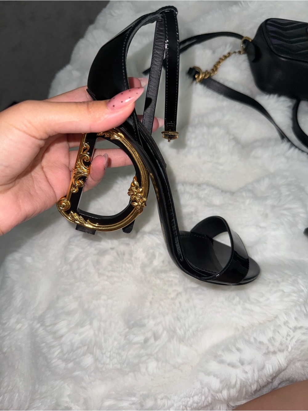 Dolce & Gabbana Black Patent Leather Heels with Ornate Gold G-Shaped Heel - Picture 4 of 6